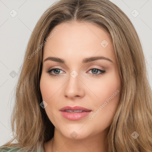 Neutral white young-adult female with long  brown hair and brown eyes