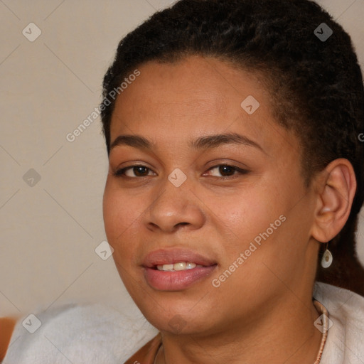 Joyful latino young-adult female with short  brown hair and brown eyes