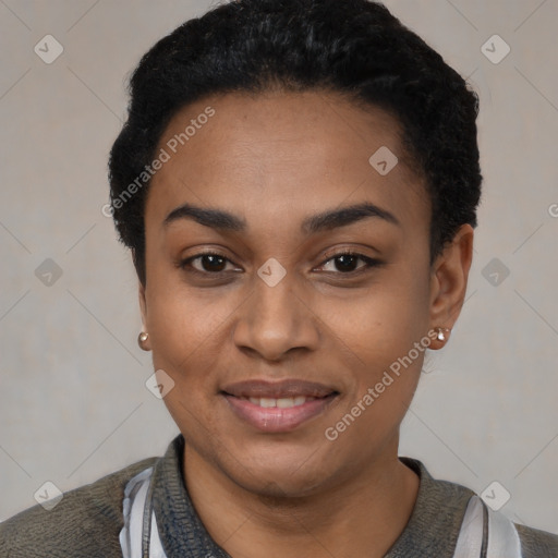 Joyful latino young-adult female with short  black hair and brown eyes