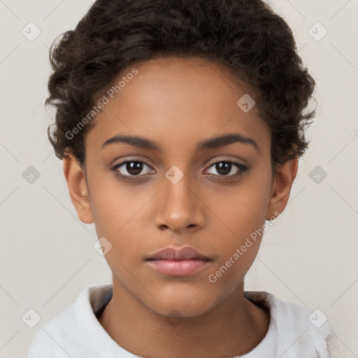 Neutral white young-adult female with short  brown hair and brown eyes