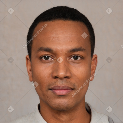 Neutral latino young-adult male with short  black hair and brown eyes