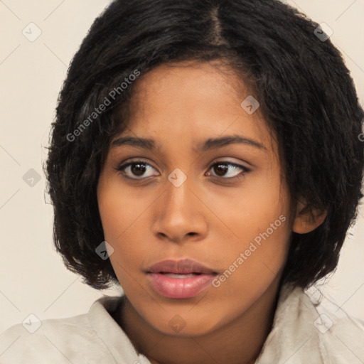 Neutral latino young-adult female with long  black hair and brown eyes