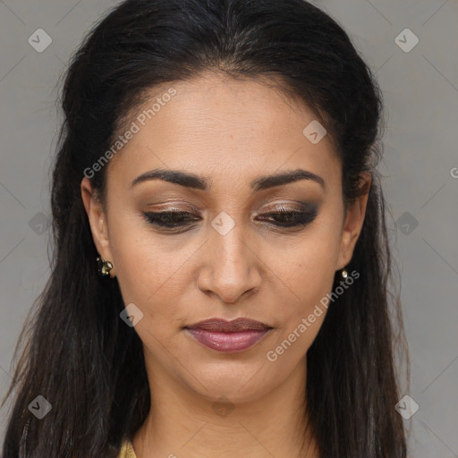 Joyful latino young-adult female with long  brown hair and brown eyes