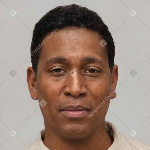 Neutral latino adult male with short  black hair and brown eyes