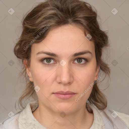 Neutral white young-adult female with medium  brown hair and brown eyes