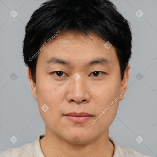 Neutral asian young-adult male with short  black hair and brown eyes