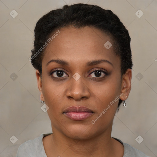 Neutral black young-adult female with short  black hair and brown eyes