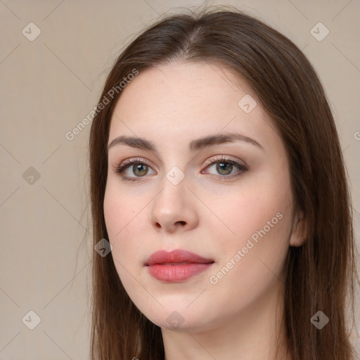 Neutral white young-adult female with long  brown hair and brown eyes