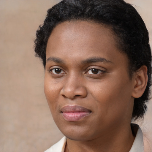Joyful black young-adult female with medium  brown hair and brown eyes