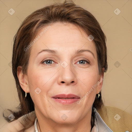 Joyful white adult female with medium  brown hair and brown eyes