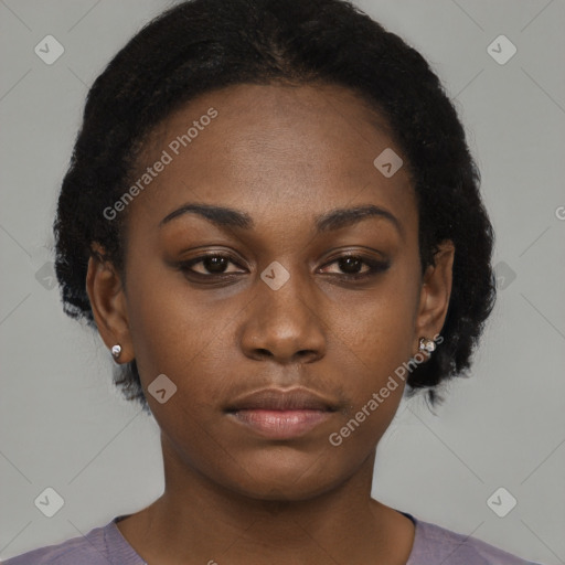 Neutral black young-adult female with short  black hair and brown eyes