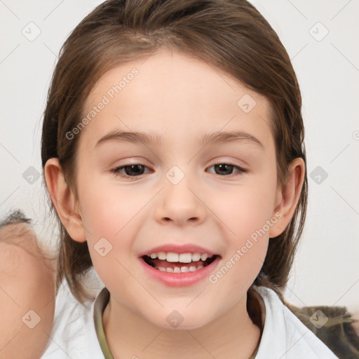 Joyful white child female with medium  brown hair and brown eyes