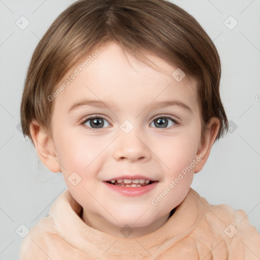 Joyful white child female with short  brown hair and brown eyes