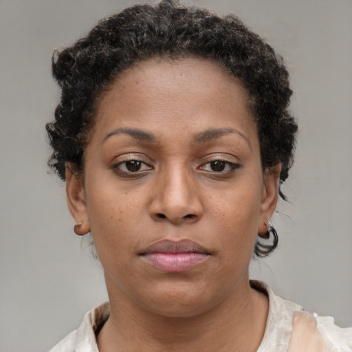 Neutral black young-adult female with short  brown hair and brown eyes