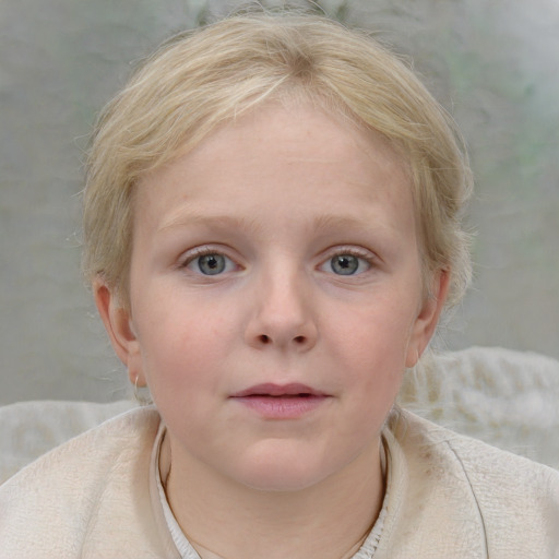 Neutral white child female with medium  blond hair and blue eyes