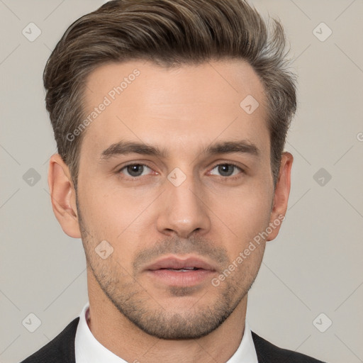 Neutral white young-adult male with short  brown hair and brown eyes