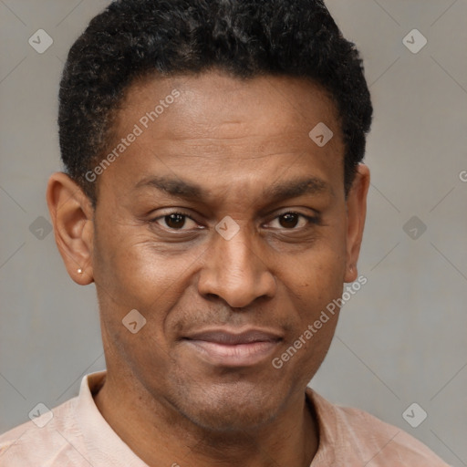 Joyful latino adult male with short  brown hair and brown eyes