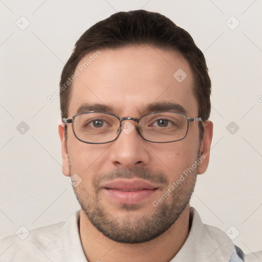 Joyful white young-adult male with short  brown hair and brown eyes