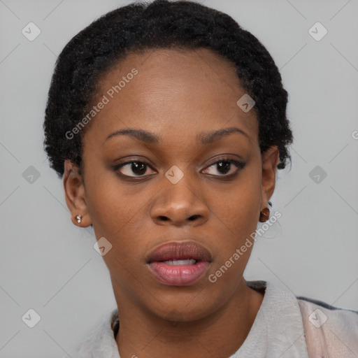 Neutral black young-adult female with short  brown hair and brown eyes