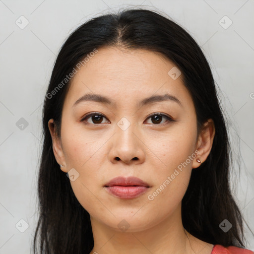 Joyful white young-adult female with long  brown hair and brown eyes