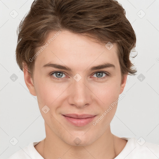 Joyful white young-adult female with short  brown hair and grey eyes