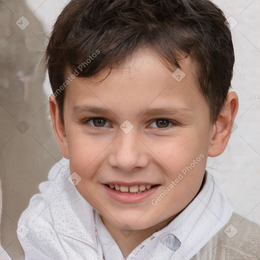 Joyful white child male with short  brown hair and brown eyes