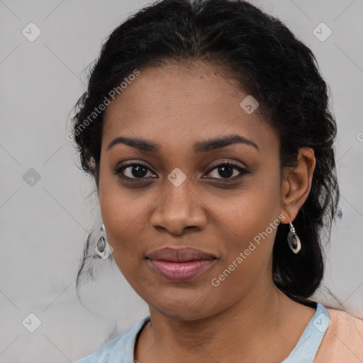 Joyful black young-adult female with medium  black hair and brown eyes