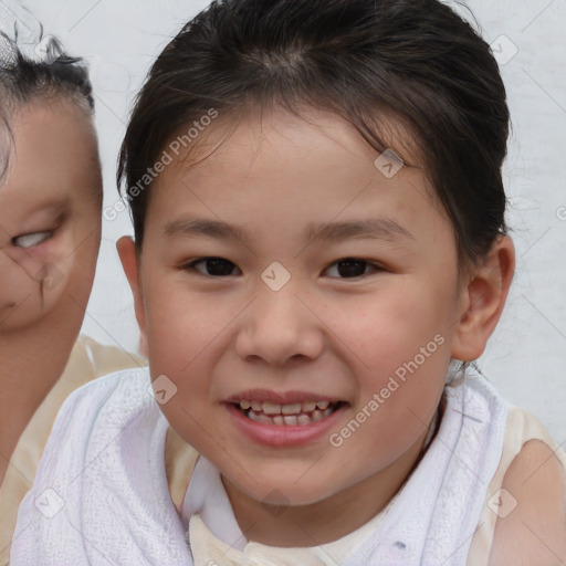 Joyful white child female with short  brown hair and brown eyes