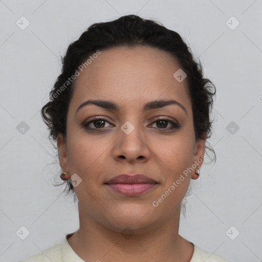 Joyful latino young-adult female with short  brown hair and brown eyes