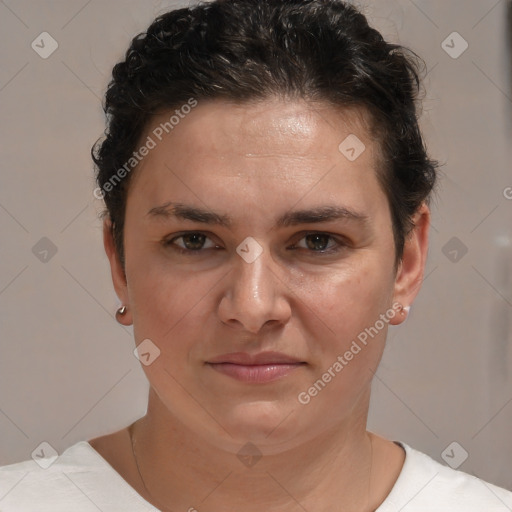 Joyful white young-adult female with short  brown hair and brown eyes