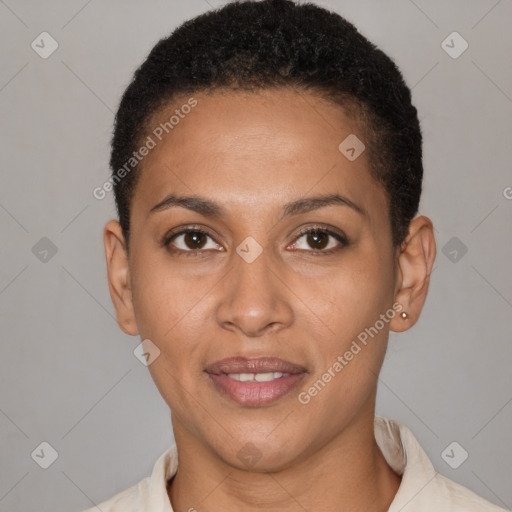 Joyful black young-adult female with short  brown hair and brown eyes