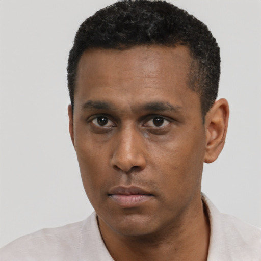Neutral black young-adult male with short  black hair and brown eyes
