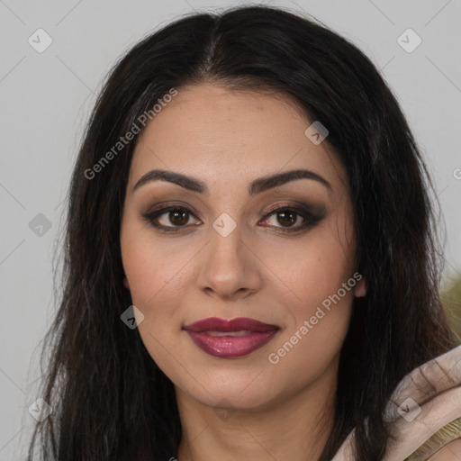 Joyful latino young-adult female with long  brown hair and brown eyes