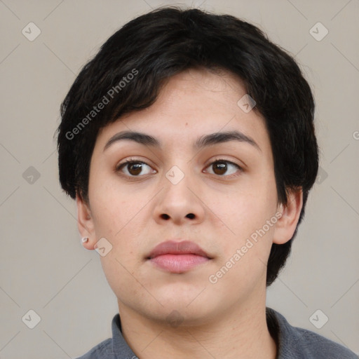 Neutral asian young-adult female with short  black hair and brown eyes