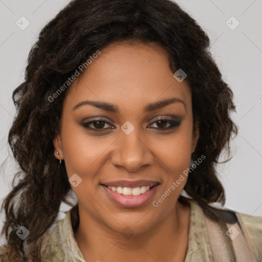 Joyful latino young-adult female with long  brown hair and brown eyes