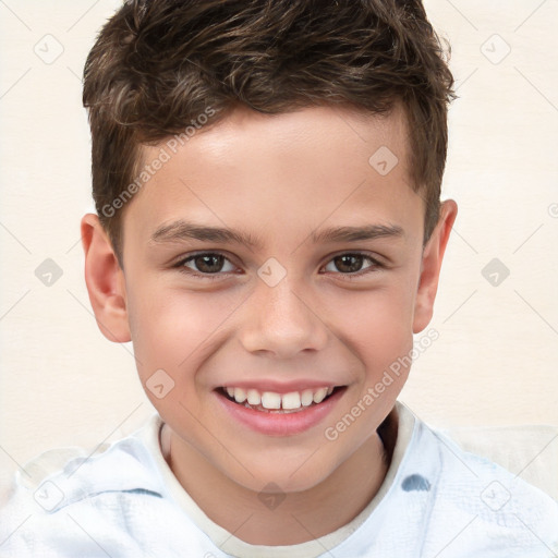 Joyful white child male with short  brown hair and brown eyes