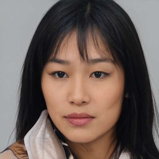 Neutral asian young-adult female with long  brown hair and brown eyes