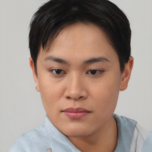 Neutral asian young-adult female with short  brown hair and brown eyes