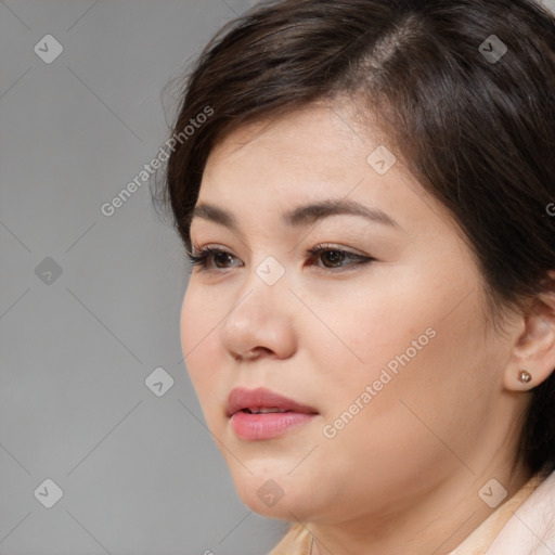 Neutral white young-adult female with medium  brown hair and brown eyes