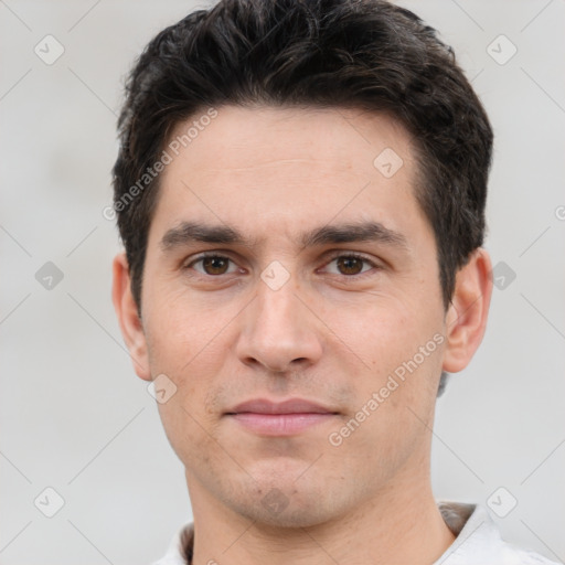 Neutral white adult male with short  black hair and brown eyes