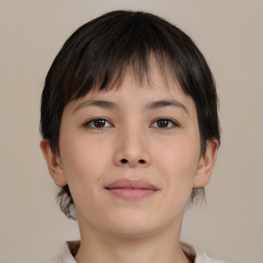 Neutral asian young-adult female with medium  brown hair and brown eyes