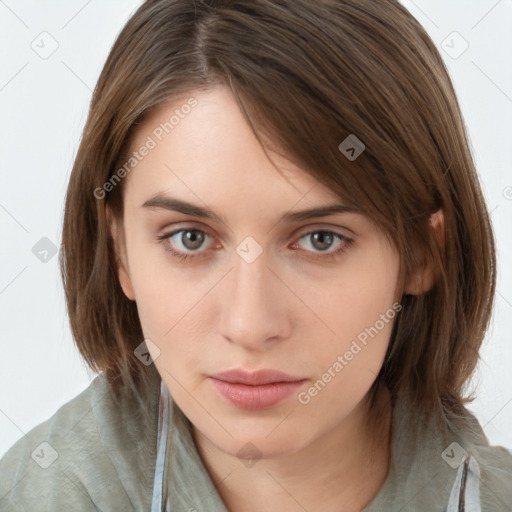 Neutral white young-adult female with medium  brown hair and brown eyes