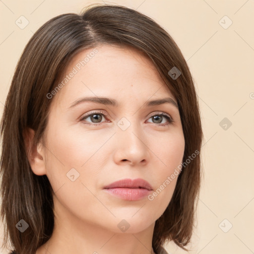 Neutral white young-adult female with medium  brown hair and brown eyes