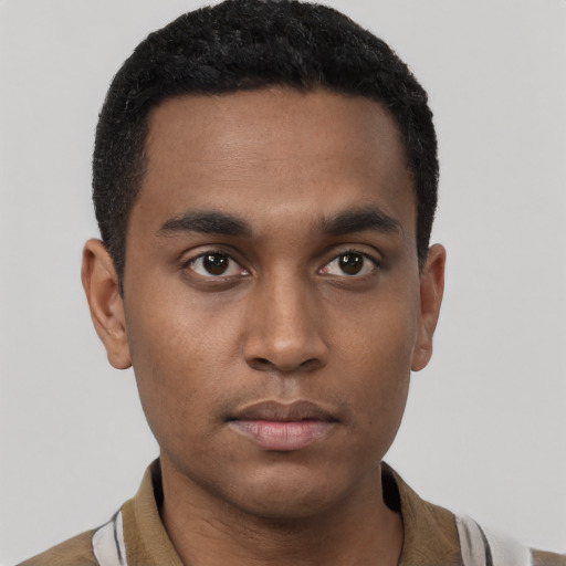 Neutral black young-adult male with short  black hair and brown eyes