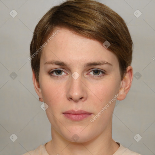 Neutral white young-adult female with short  brown hair and grey eyes