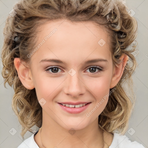 Joyful white child female with medium  brown hair and brown eyes