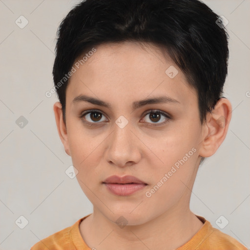 Neutral white young-adult female with short  brown hair and brown eyes