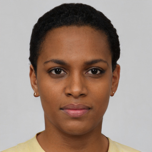 Neutral black young-adult female with short  black hair and brown eyes