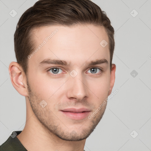 Neutral white young-adult male with short  brown hair and grey eyes