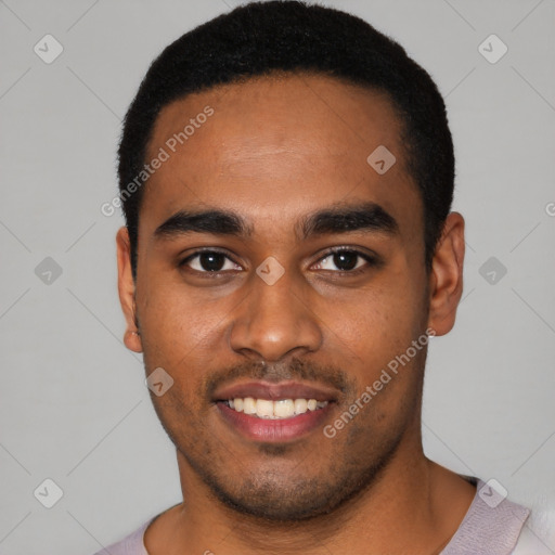 Joyful black young-adult male with short  black hair and brown eyes